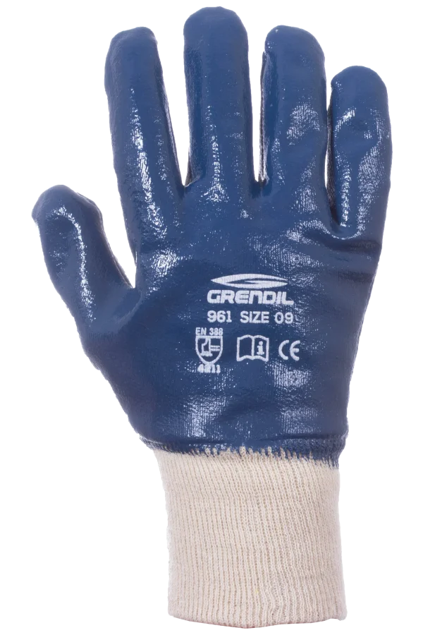 Grendil 961 Guante de Algodón Recubierto de Nitrilo Azul Puño de Calcetín (Par)