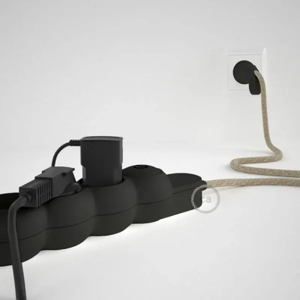 Base múltiple con cable textil Lino Natural Neutro CLRN01 y clavija Schuko con anillo confort