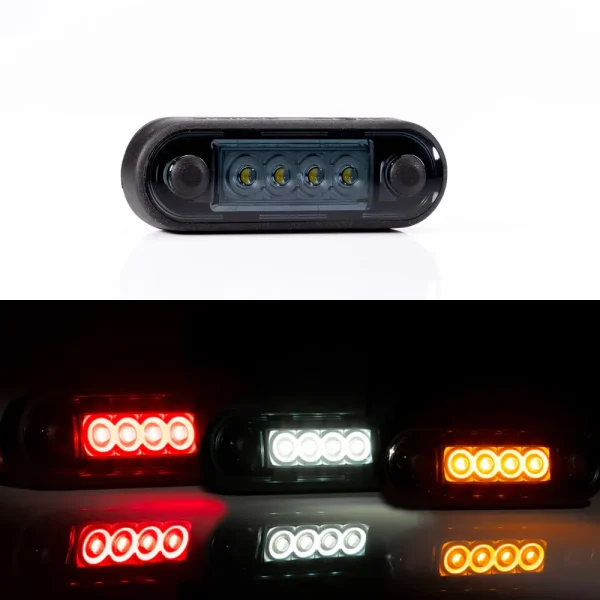 Luces marcadoras LED con lente negro ahumado en rojo, blanco y ámbar