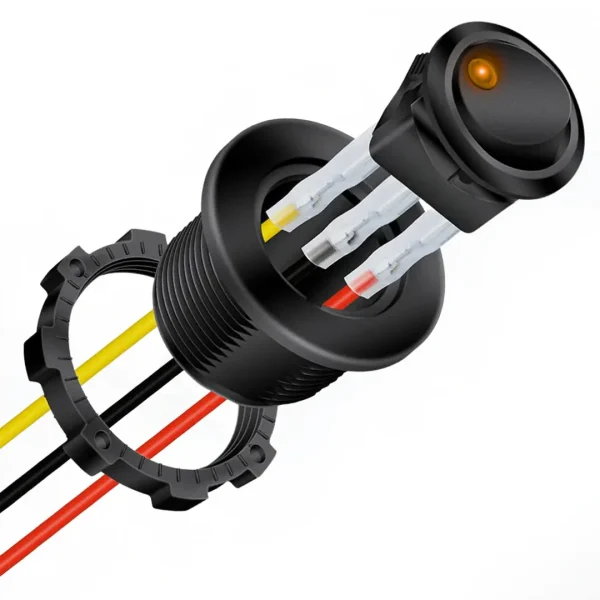 Interruptor basculante LED redondo con cables y carcasa